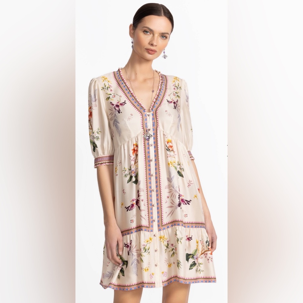 Johnny Was Cream Floral Embroidered V-Neck Dress